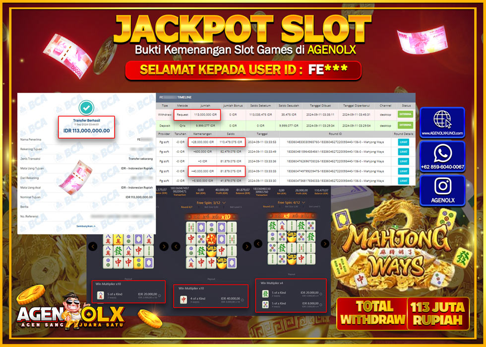 AGENOLX JACKPOT SLOT MAHJONG WAYS Rp.113.000.000,- LUNAS