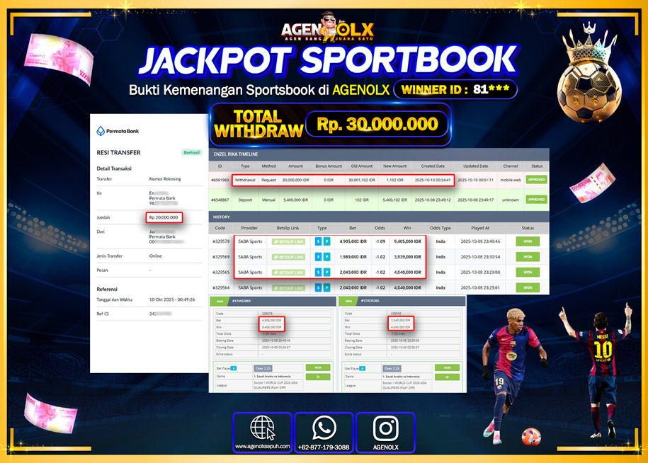 AGENOLX JACKPOT  SPORTBOOK Rp 30,000,000,- LUNAS
