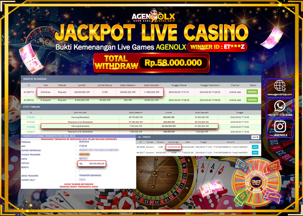 AGENOLX JACKPOT Live casino Rp.58.000.000,- LUNAS