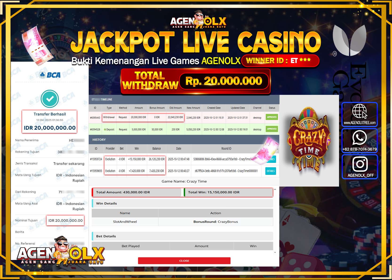 AGENOLX JACKPOT LIVE CASINO Rp 20,000,000,- LUNAS