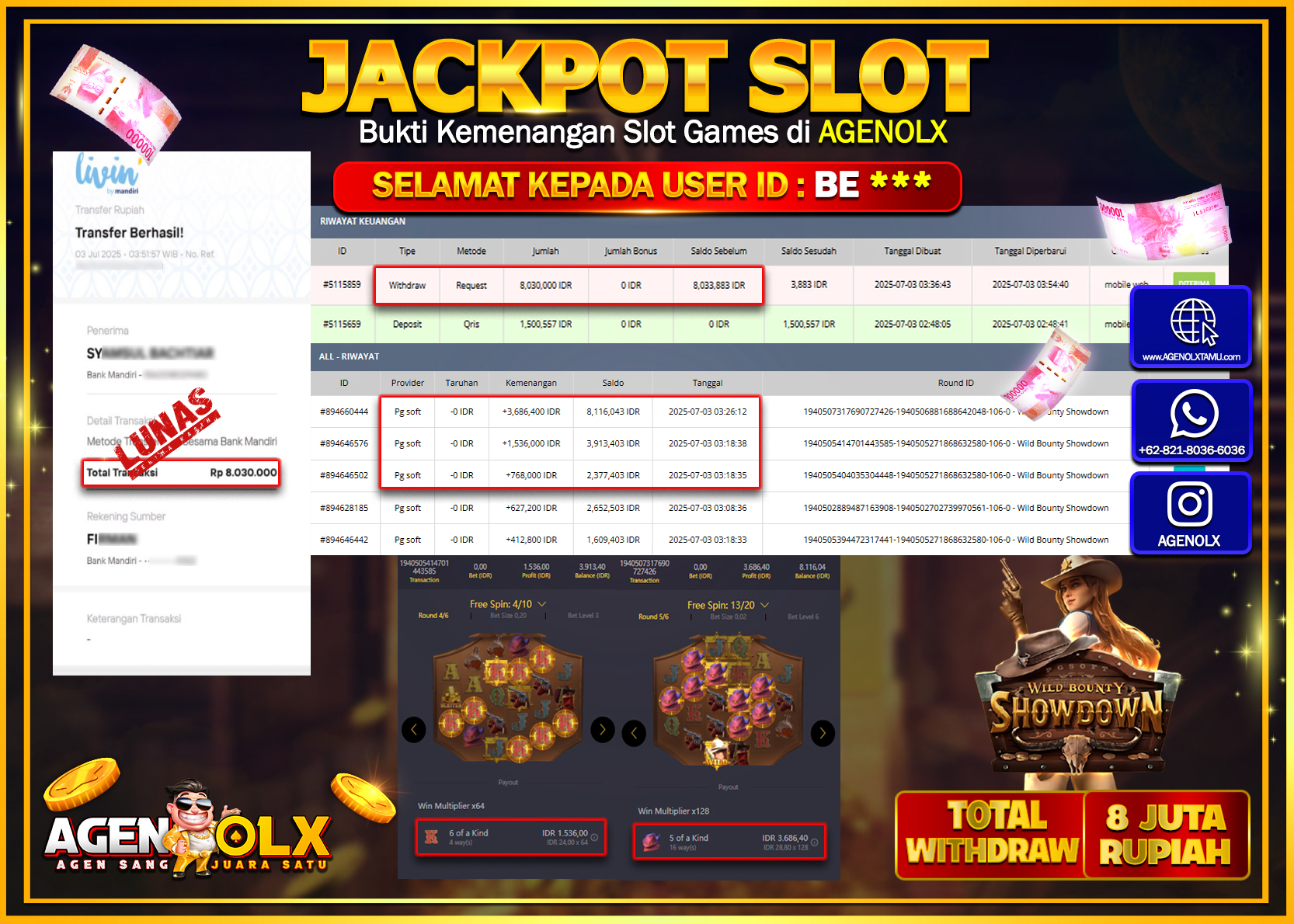 AGENOLX JACKPOT  SLOT WILD BOUNTY SHOWDOWN   Rp 8.030.000,- LUNAS