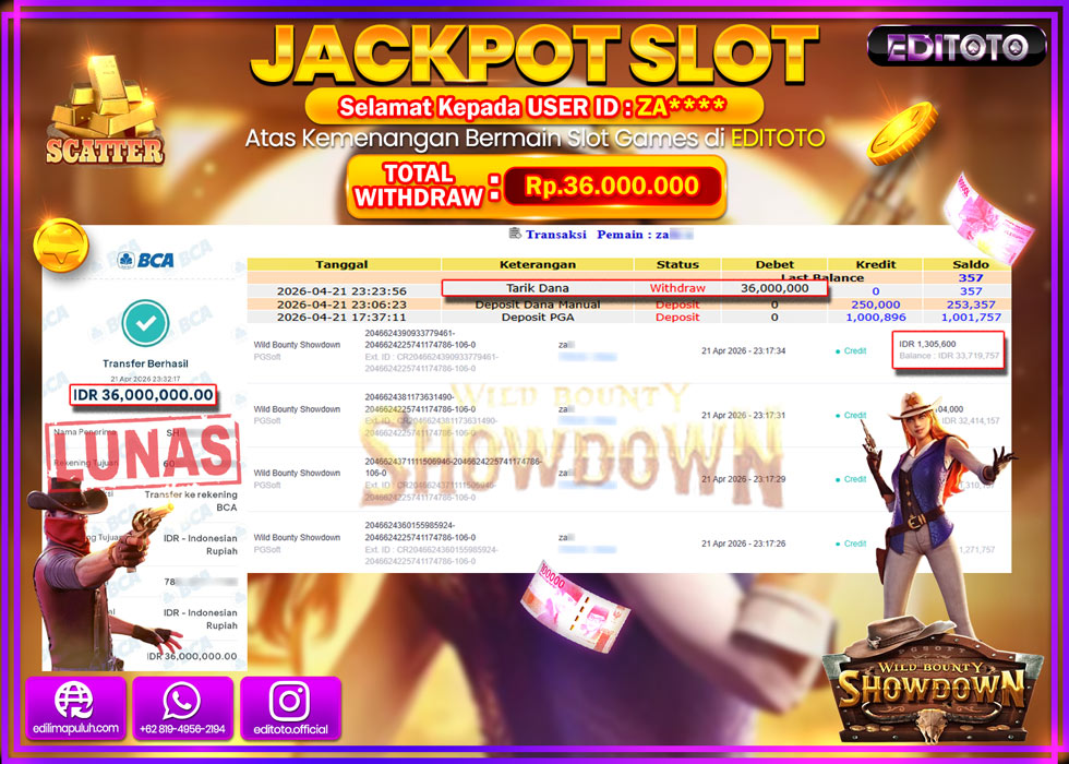 JACKPOT EDITOTO SLOT WILD BOUNTY SHOWDOWN Rp.36.000.000,- LUNAS