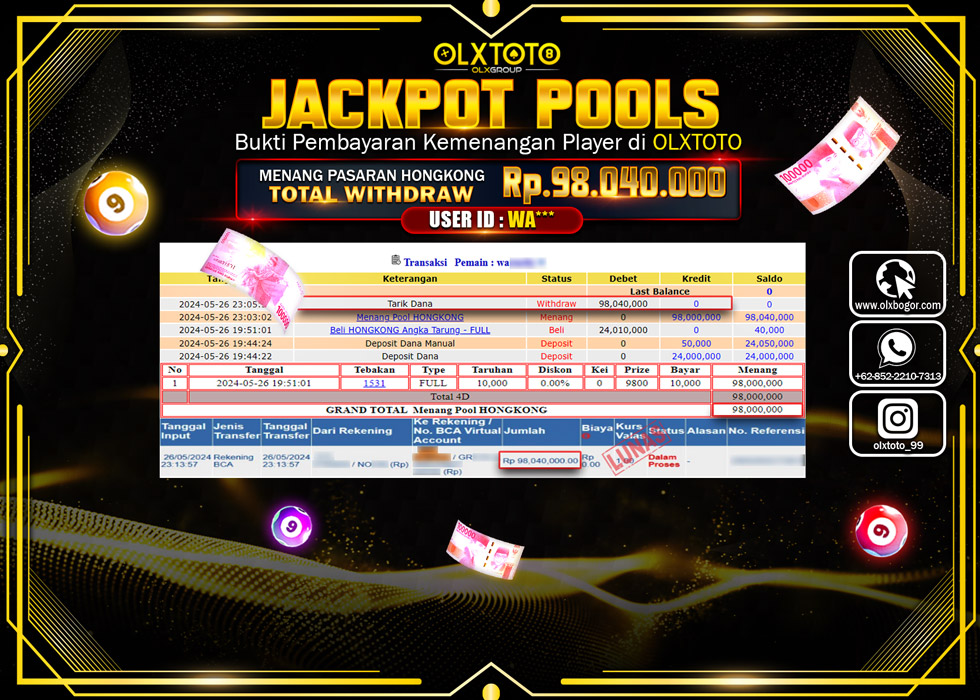 OLXTOTO JACKPOT TOGEL POOL HONGKONG   Rp.98.040.000.,- LUNAS