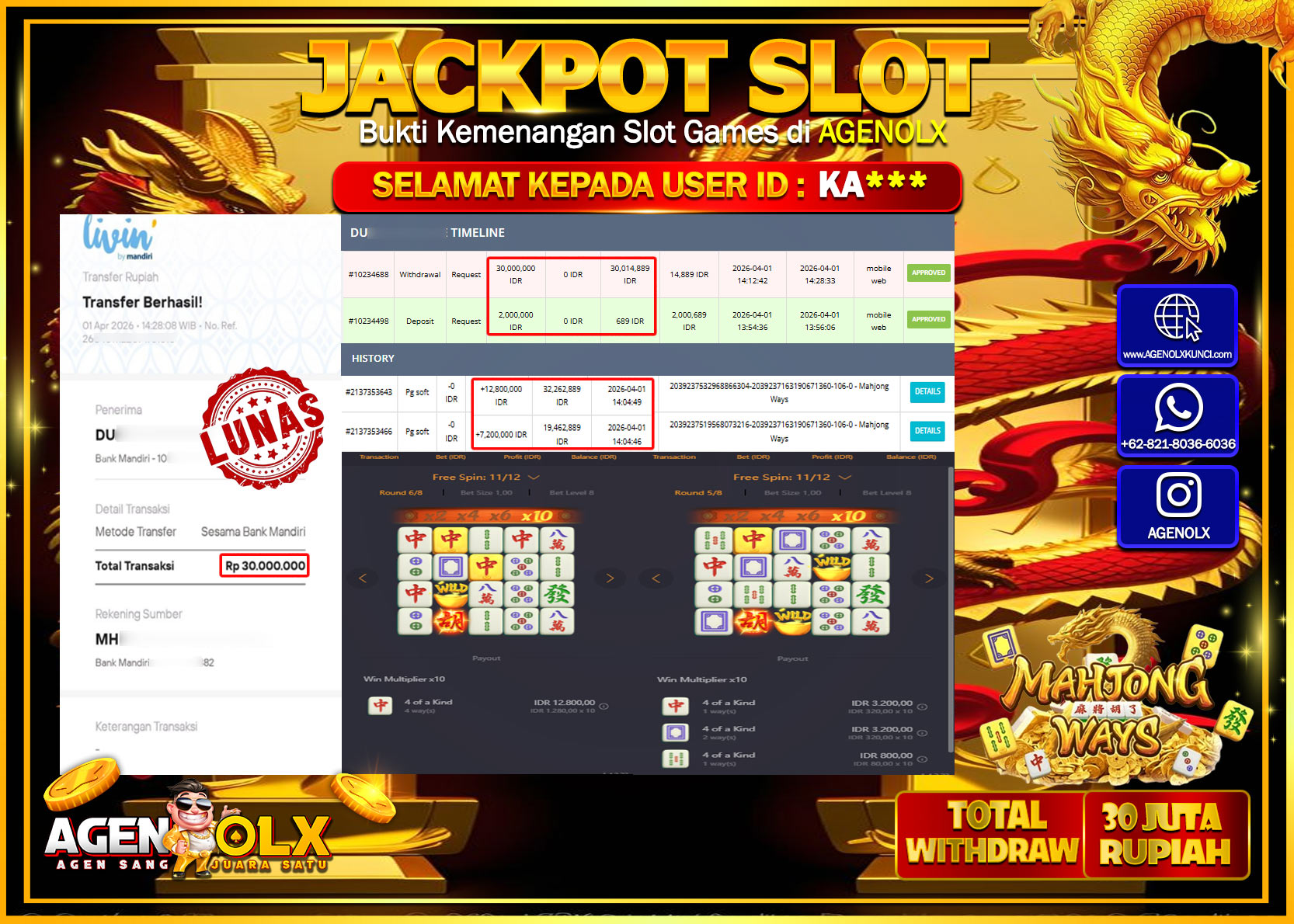AGENOLX JACKPOT SLOT MAHJONG WAYS  Rp 30.000.000 - LUNAS