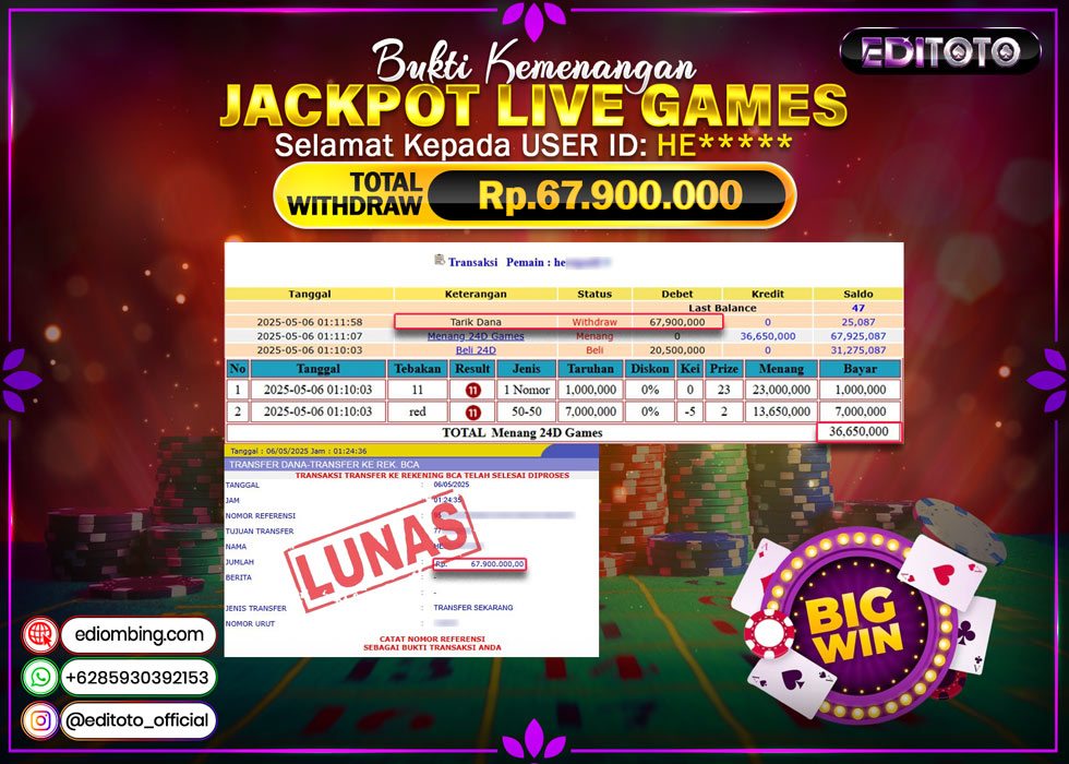 JACKPOT EDITOTO LIVE GAME 24D GAMES Rp.67.900.000.,- LUNAS