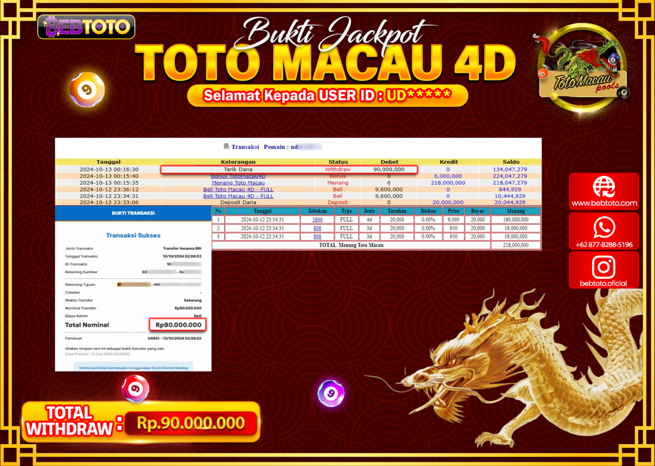 JACKPOT LIVE CASINO BEBTOTO TOTO MACAU Rp.90.000.000.,- LUNAS