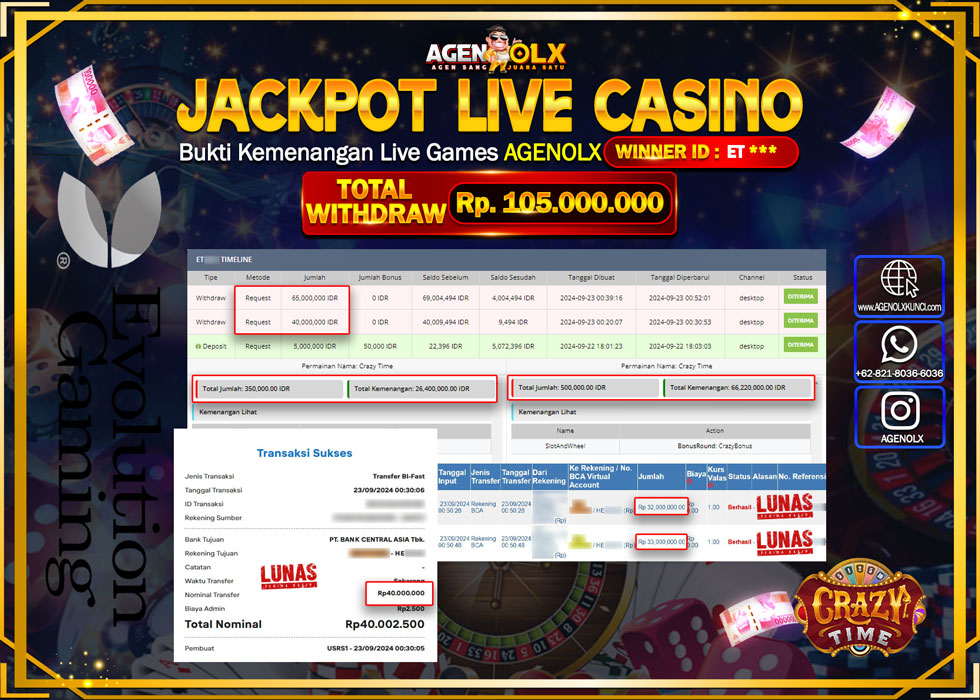 AGENOLX JACKPOT LIVE CASINO CRAZY TIME Rp.105.000.000,- LUNAS