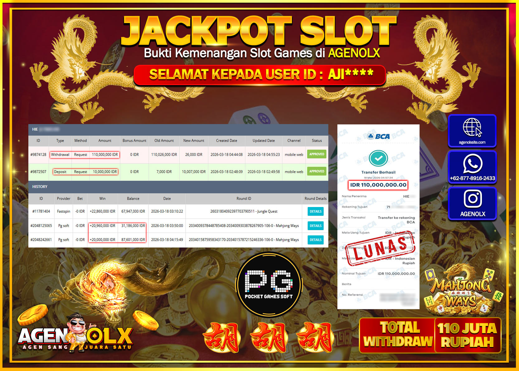 AGENOLX JACKPOT SLOT PG SOFT MAHJONG WAYS  Rp 110.000.000 - LUNAS