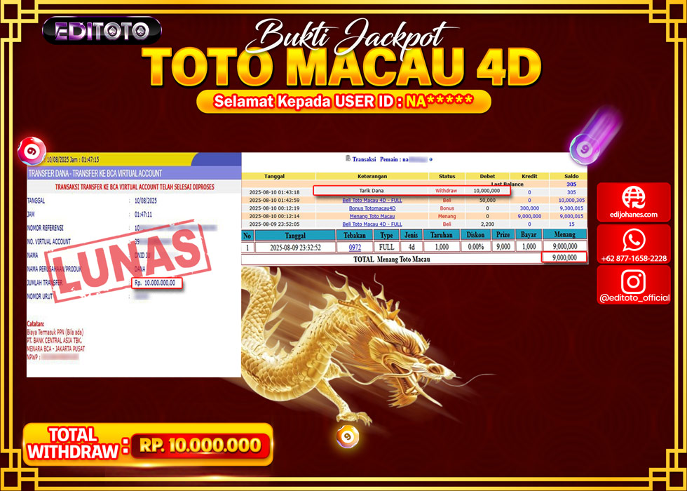 JACKPOT EDITOTO TOGEL PASARAN TOTO MACAU 4D Rp.10.000.000.,- LUNAS