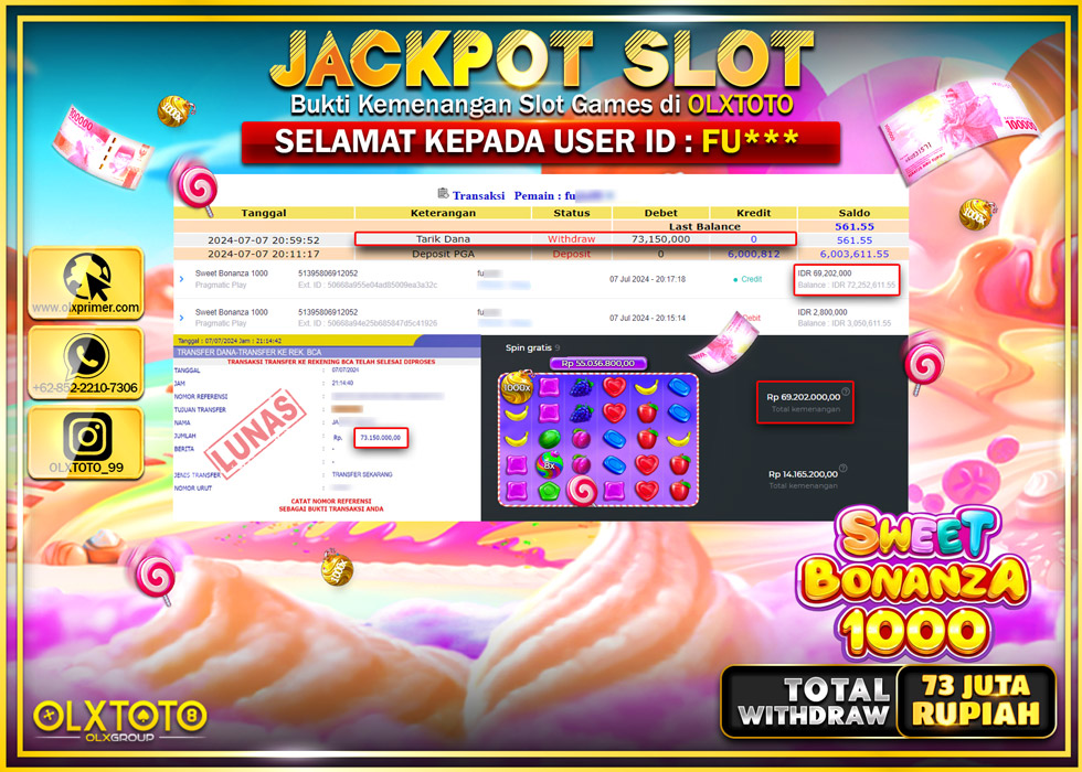 OLXTOTO JACKPOT  SLOT SWEET BONANZA 1000 Rp.73.150.000.,- LUNAS