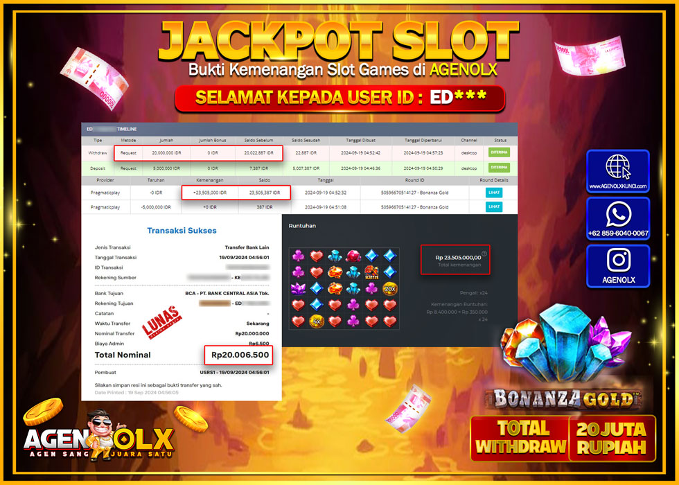 AGENOLX JACKPOT  SLOT BONANZA GOLD Rp.20.000.000,- LUNAS