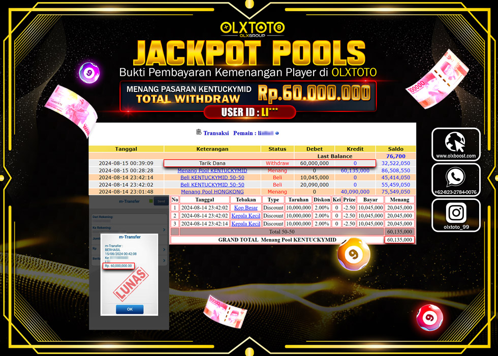 OLXTOTO JACKPOT  TOGEL POOL KENTUCKYMID Rp.60.000.000.,- LUNAS