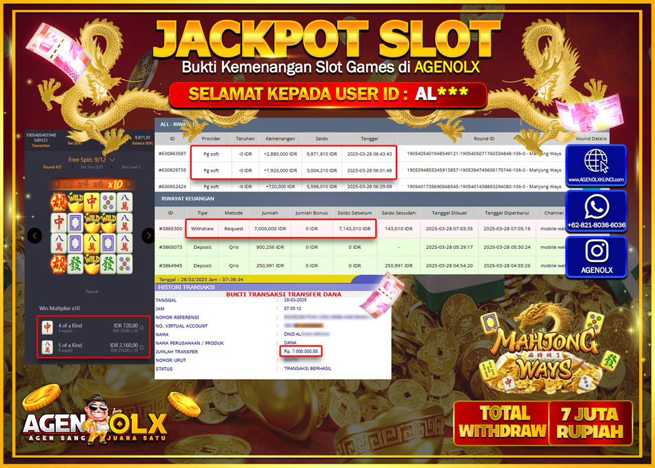 AGENOLX JACKPOT SLOT MAHJONG WAYS  Rp 7.000.000,- LUNAS