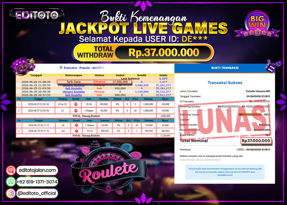 JACKPOT EDITOTO LIVE GAMES  ROULLETE GAMES Rp.37.000.000.,- LUNAS