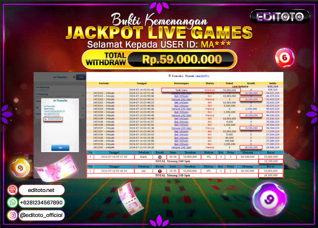 JACKPOT LIVE GAME EDITOTO 24D SPIN Rp.59.000.000.,- LUNAS
