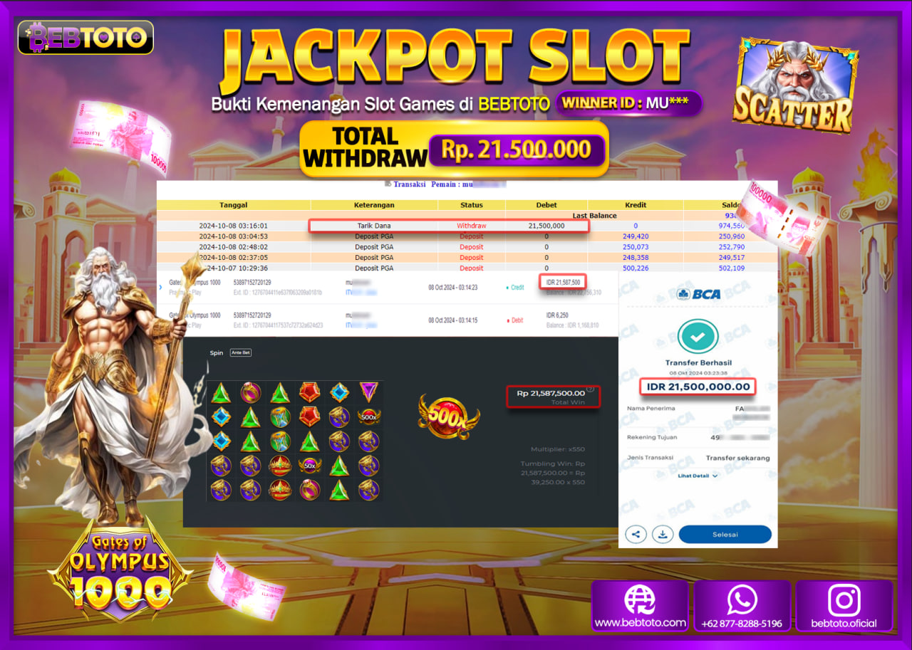 JACKPOT SLOT BEBTOTO GATES OF OLYMPUS 1000 Rp.21.500.000.,- LUNAS