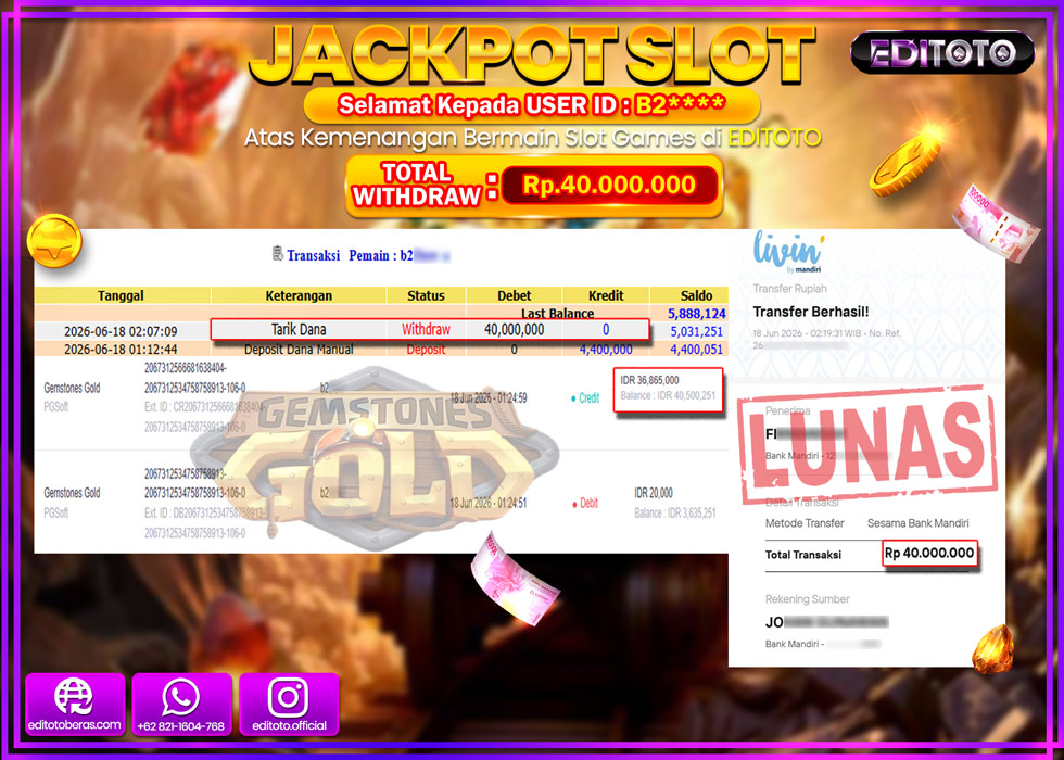 JACKPOT EDITOTO SLOT GEMSTONE GOLD Rp.40.000.000,- LUNAS