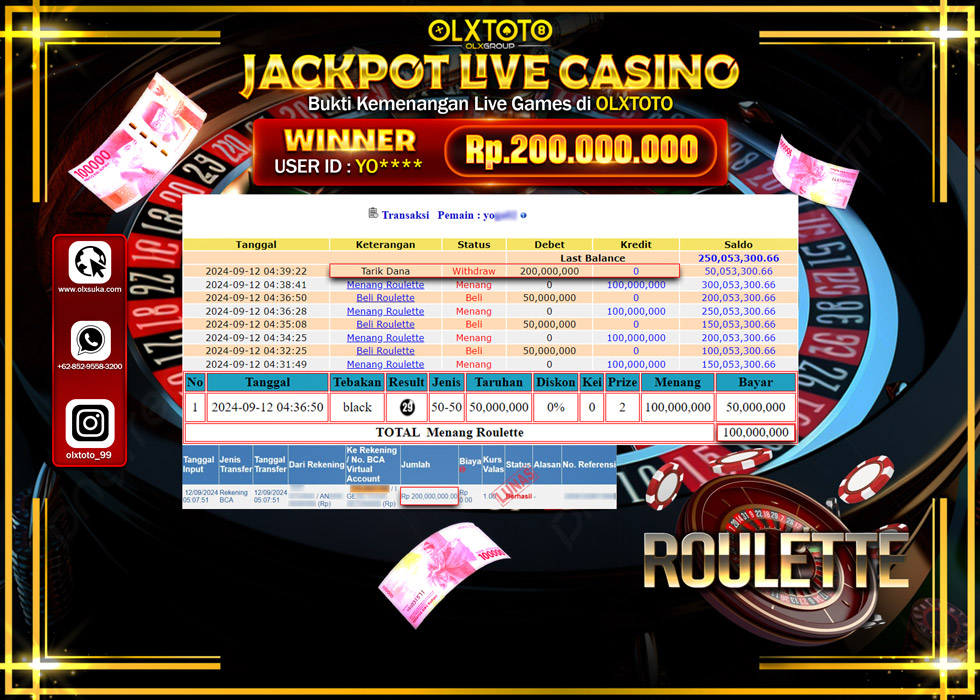 OLXTOTO JACKPOT  LIVE GAMES ROULETTE Rp.200.000.000.,- LUNAS