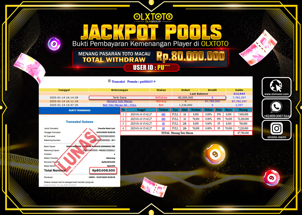 OLXTOTO JACKPOT  TOGEL POOL TOTO MACAU Rp.80.000.000.,- LUNAS