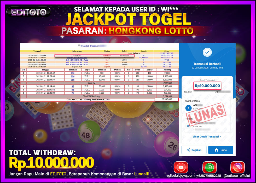 JACKPOT TOGEL PASARAN HONGKONG LOTTO Rp.10.000.000.,- LUNAS