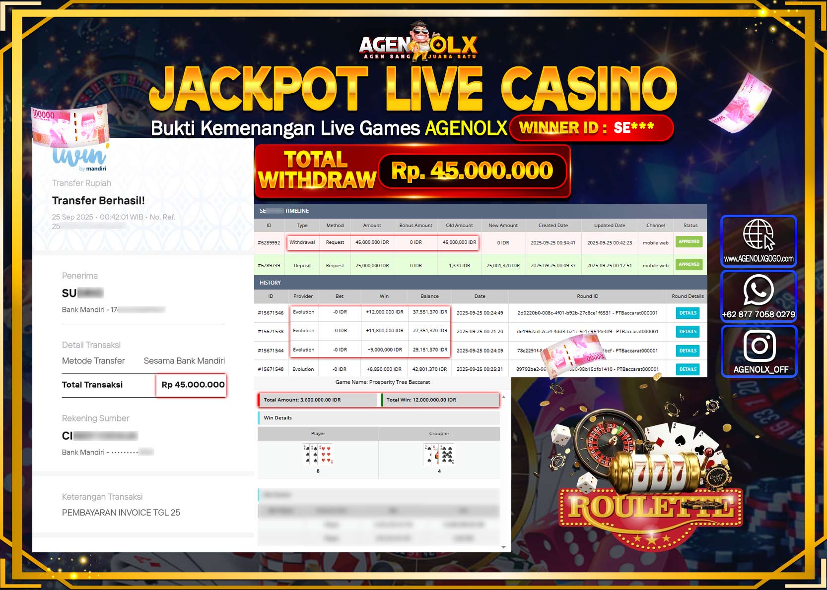 AGENOLX JACKPOT LIVE CASINO TREE BACCARAT Rp 45,000,000,- LUNAS