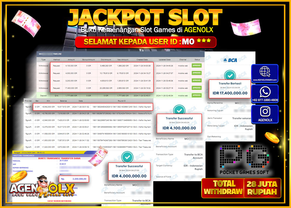 AGENOLX JACKPOT SLOT DI PROVIDER PG SOFT  Rp 28.000.000,- LUNAS