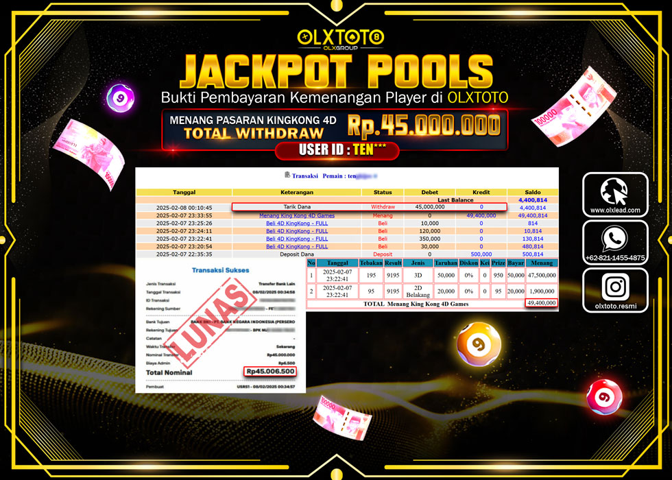 OLXTOTO JACKPOT  TOGEL POOL KINGKONG4D Rp.45.000.000.,- LUNAS