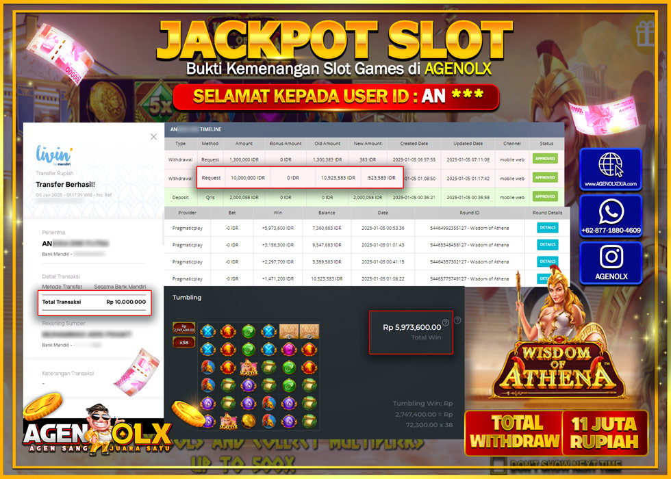 AGENOLX JACKPOT SLOT WISHDOM OF ATHENA Rp 11.000.000,- LUNAS