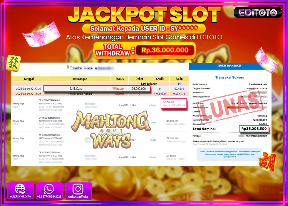 JACKPOT EDITOTO SLOT MAHJONG WAYS Rp.36.000.000,- LUNAS 