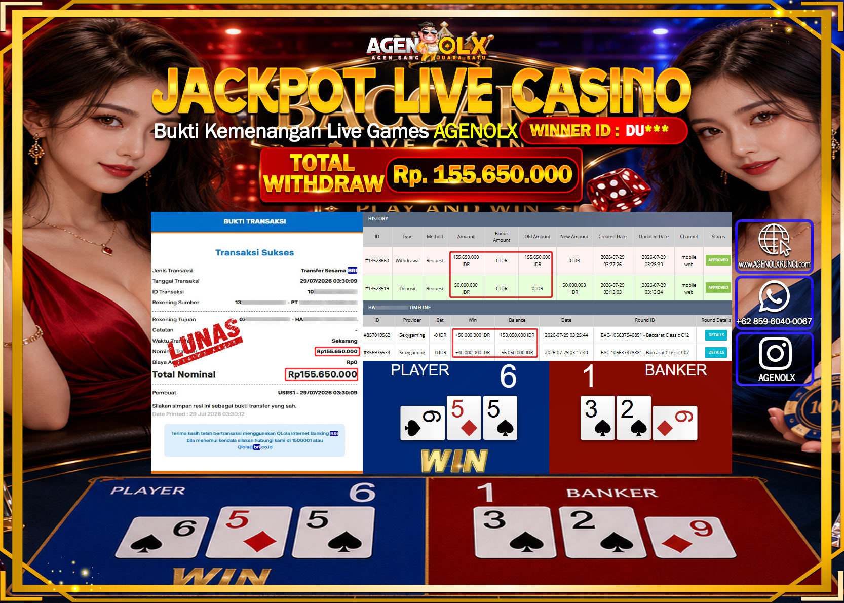 AGENOLX JACKPOT LIVE CASSINO BACCARAT CLASSIC C12 Rp  155.650.000 -LUNAS