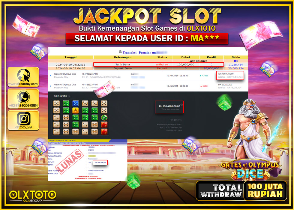 OLXTOTO JACKPOT SLOT GATES OF OLYMPUS DICE   Rp.100.000.000.,- LUNAS
