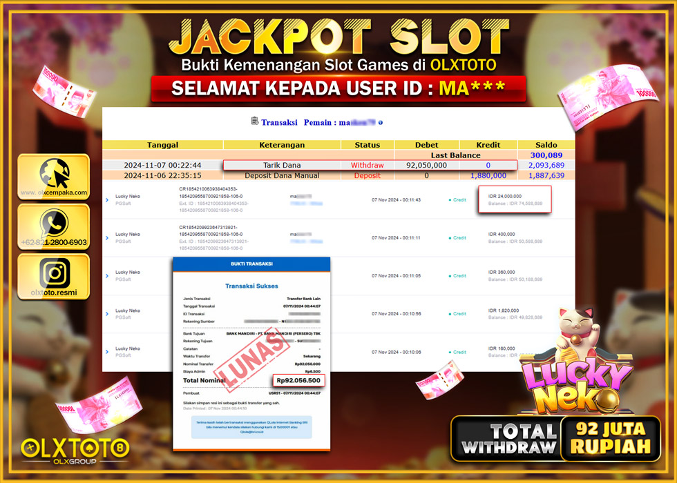 OLXTOTO JACKPOT  SLOT LUCKY NEKO  Rp.92.050.000.,- LUNAS