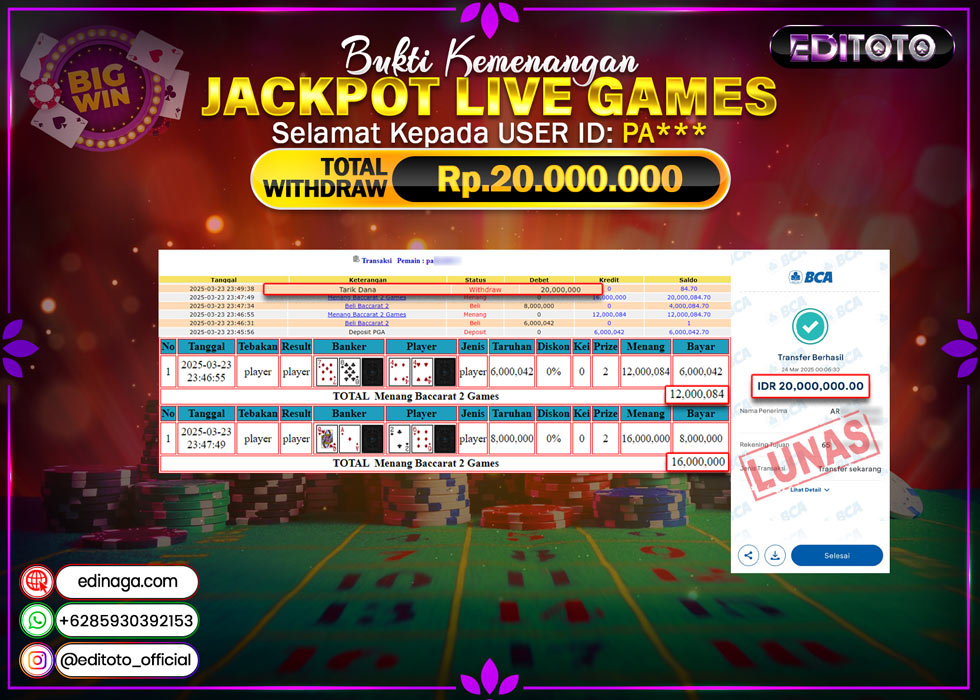 JACKPOT LIVE GAMES BACCARAT II Rp.20.000.000.,- LUNAS