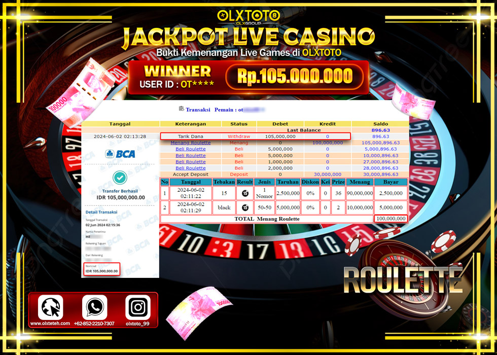 OLXTOTO JACKPOT LIVE GAMES ROULETTE  Rp.105.000.000.,- LUNAS