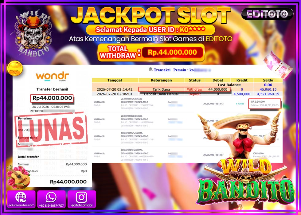 JACKPOT EDITOTO SLOT WILD BANDITO Rp.44.000.000,- LUNAS