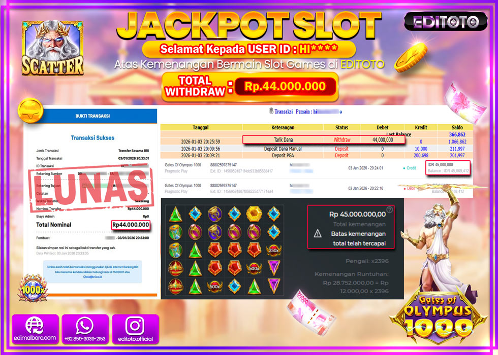 JACKPOT EDITOTO SLOT GATES OF OLYMPUS 1000  Rp.44.000.000,- LUNAS  