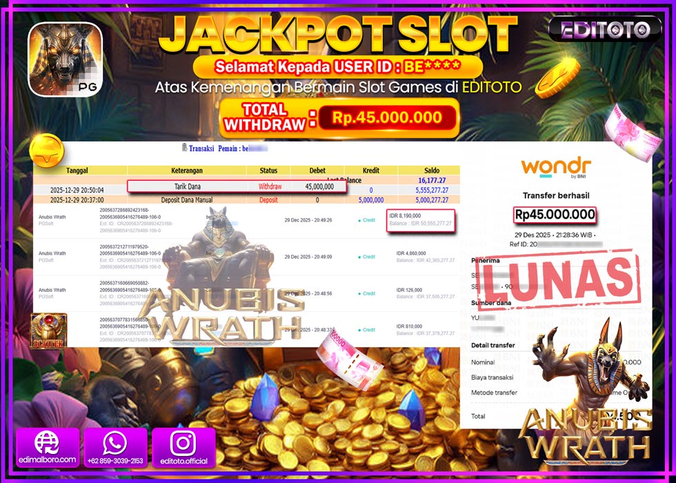 JACKPOT EDITOTO SLOT ANUBIS WRATH  Rp.45.000.000,- LUNAS  