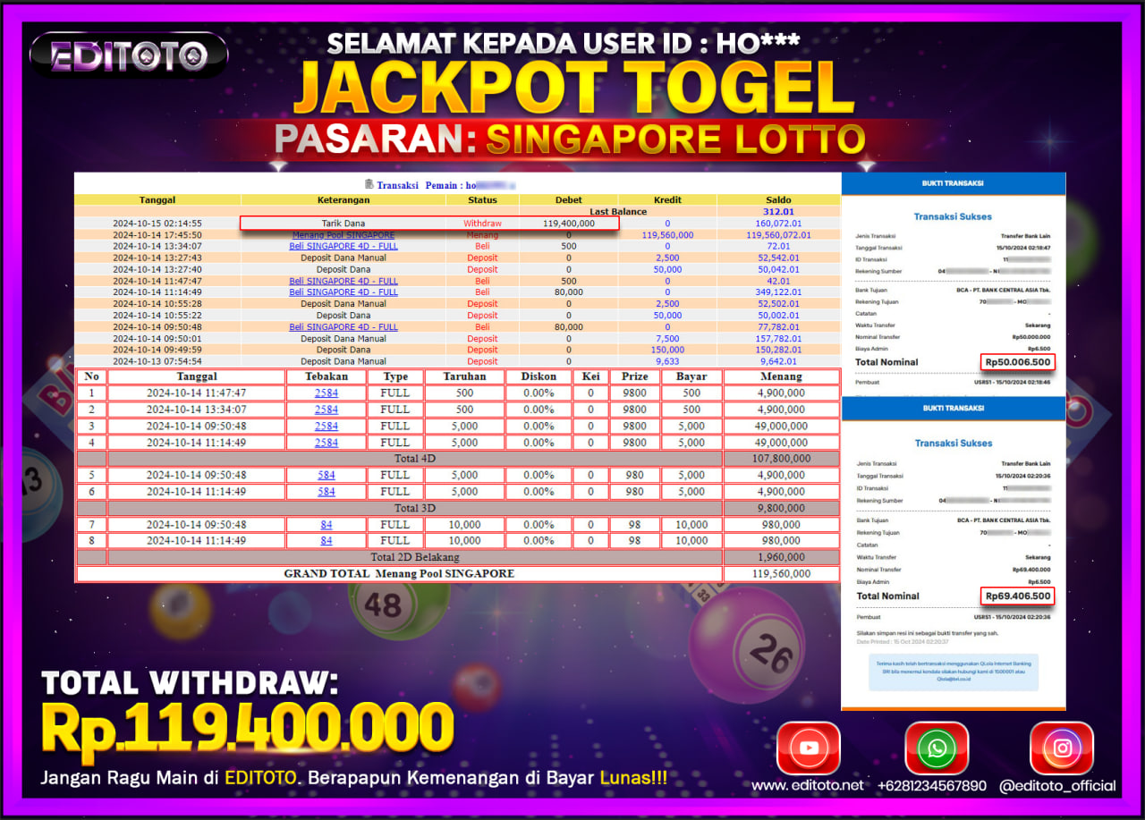 JACKPOT TOGEL PASARAN SINGAPORE Rp.119.400.000.,- LUNAS
