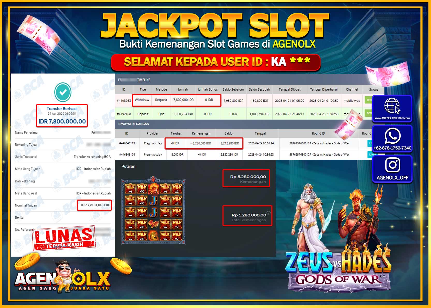 AGENOLX JACKPOT SLOT  ZEUS VS HADES GODS OF WAR Rp 7.800.000,- LUNAS