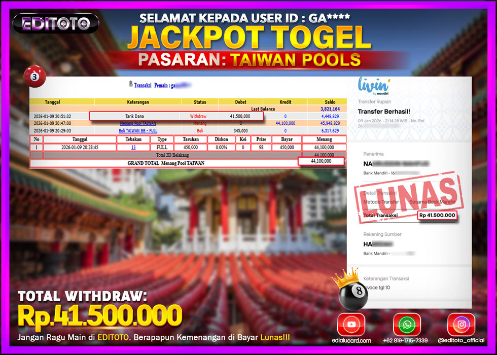 JACKPOT EDITOTO TOGEL PASARAN TAIWAN POOLS Rp.41.500.000.,- LUNAS 
