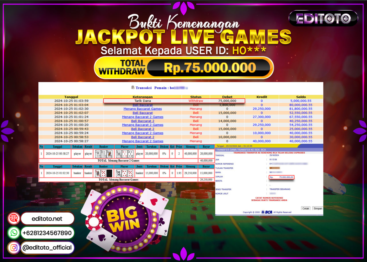JACKPOT LIVE GAME BACCARAT Rp.75.000.000.,- LUNAS