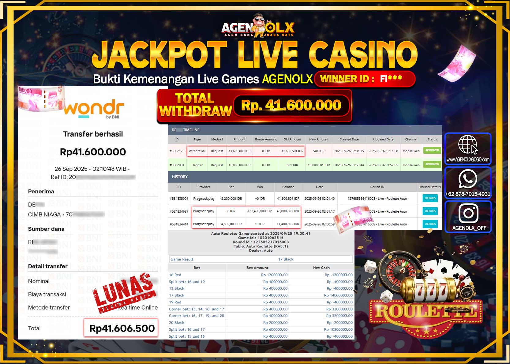 AGENOLX JACKPOT LIVE CASINO ROULETTE AUTO Rp 41,600,000,- LUNAS
