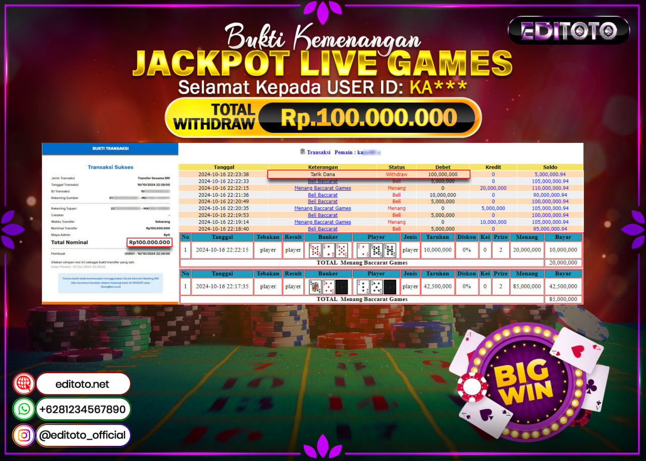 JACKPOT LIVE GAME BACCARAT Rp.100.000.000.,- LUNAS