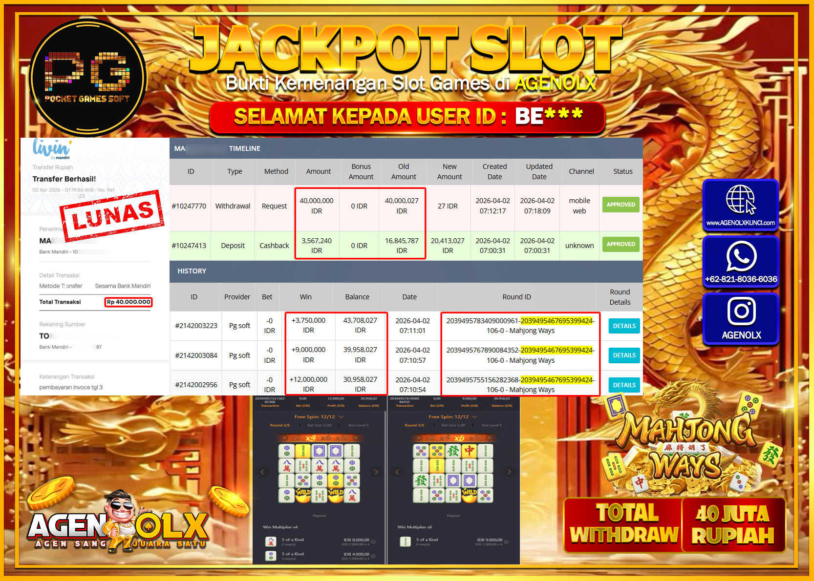 AGENOLX JACKPOT SLOT MAHJONG WAYS  Rp 40.000.000 - LUNAS