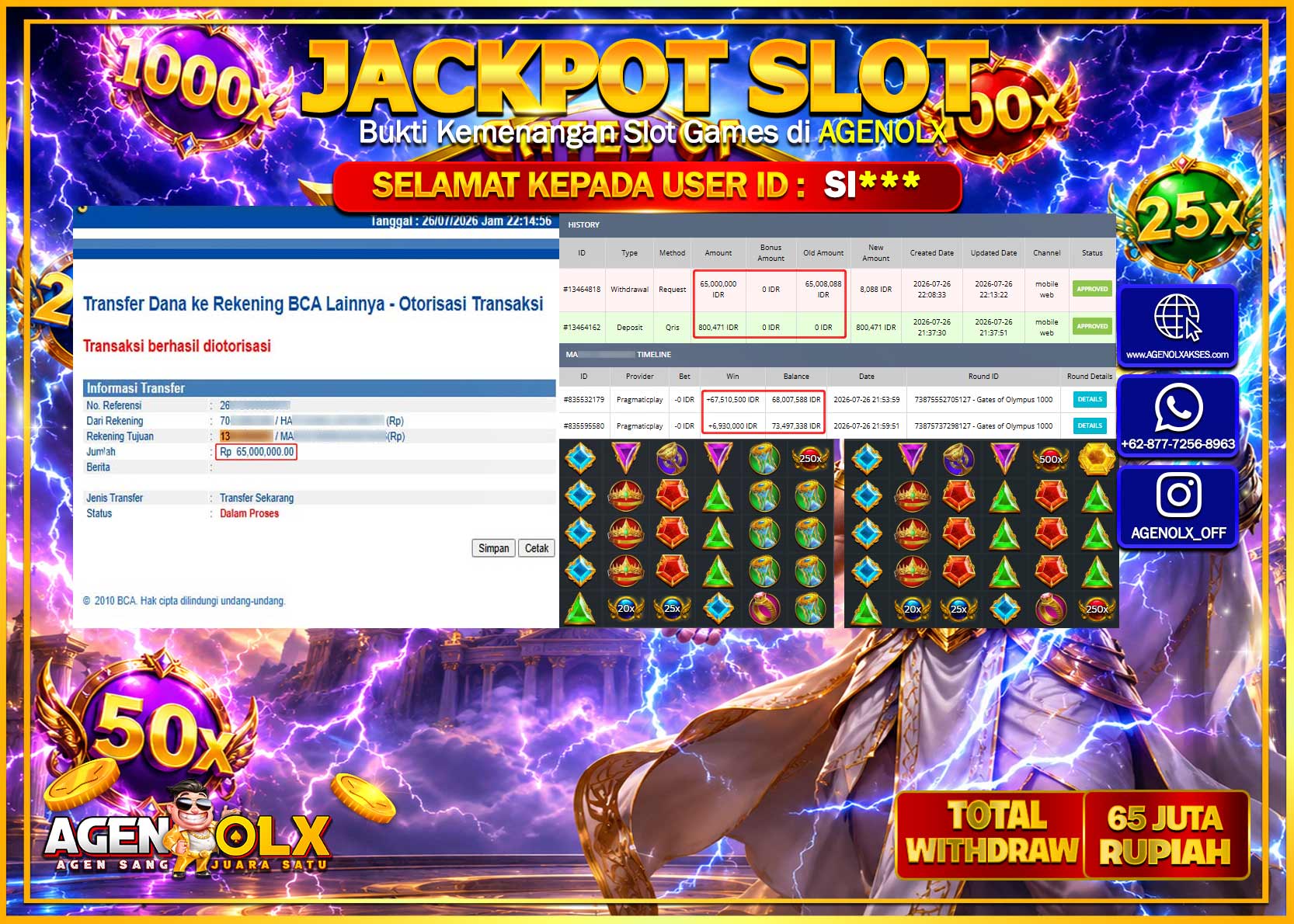 AGENOLX JACKPOT SLOT GATES OF OLYMPUS 1000 Rp  65.000.000 -LUNAS