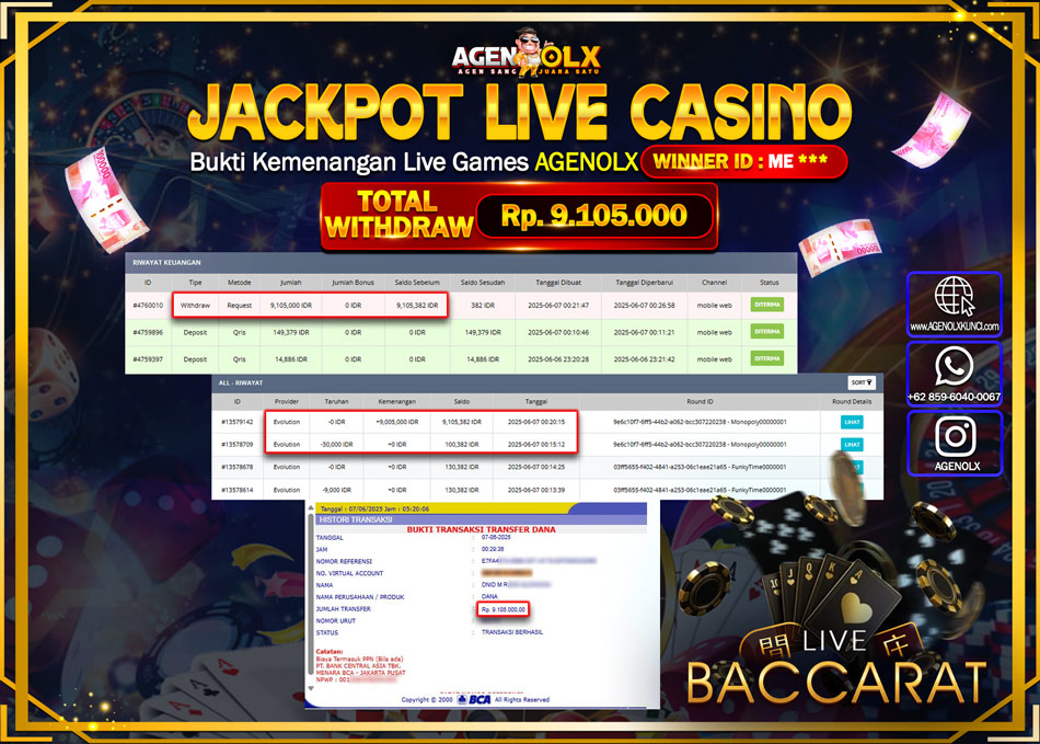 AGENOLX JACKPOT LIVE CASSINO Rp 9.105.000,- LUNAS