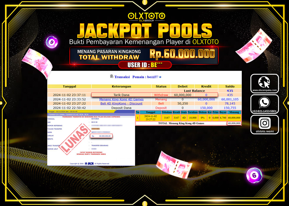 OLXTOTO JACKPOT  TOGEL POOL KINGKONG Rp.60.000.000.,- LUNAS