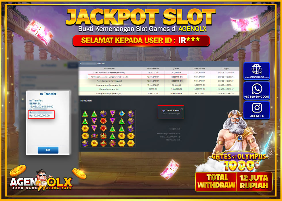AGENOLX JACKPOT SLOT GATES OF OLYMPUS 1000 Rp.12.000.000,- LUNAS