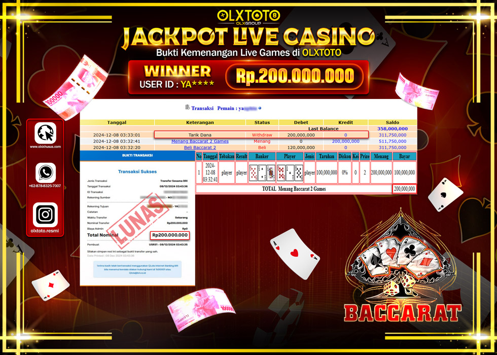 OLXTOTO JACKPOT  LIVE GAMES BACCARAT Rp.200.000.000.,- LUNAS