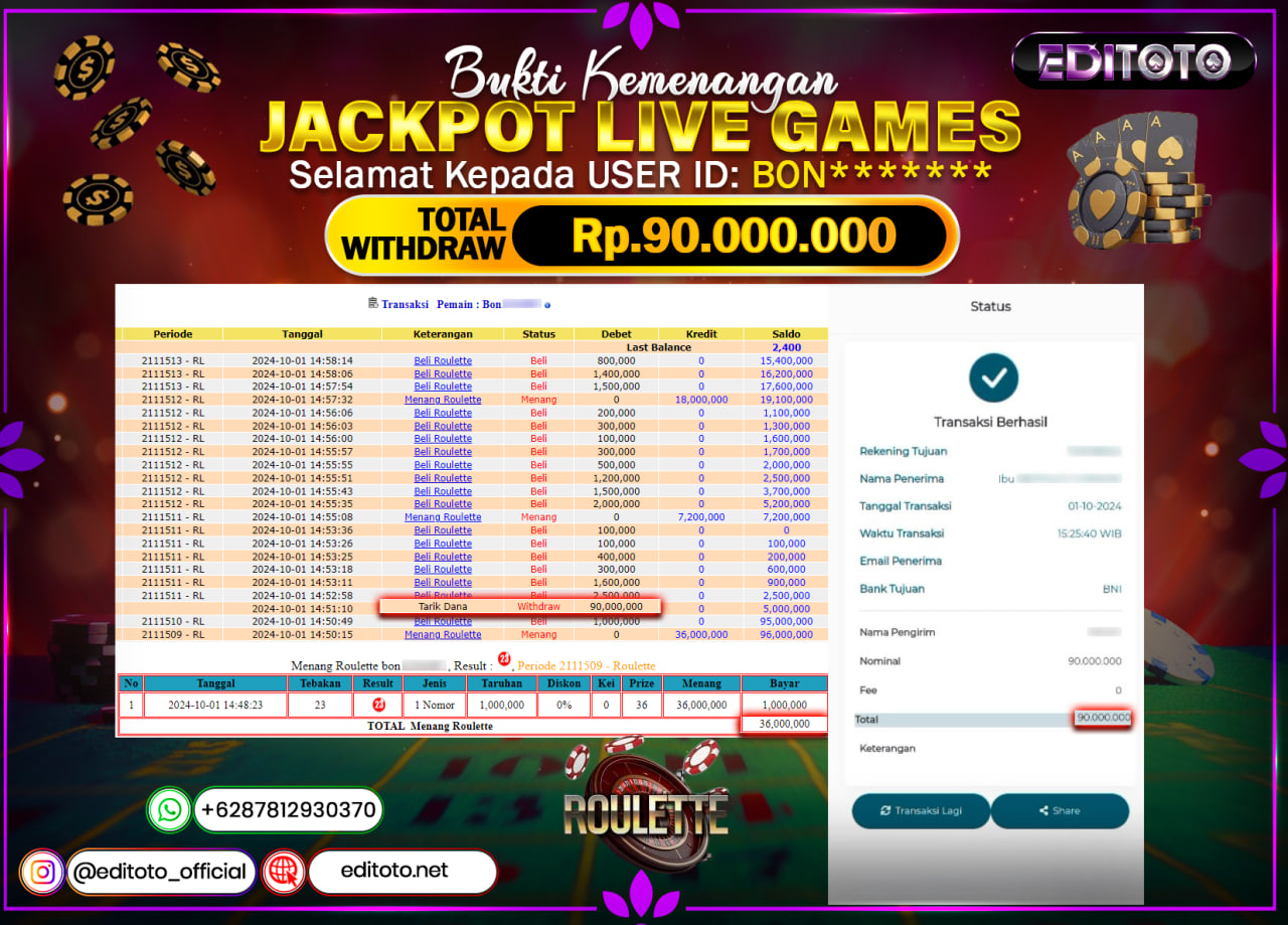 JACKPOT LIVE GAME BACCARAT Rp.90.000.000.,- LUNAS